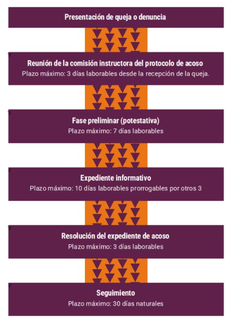 Diagrama del procedimiento de actuación frente al acoso: fases y plazos